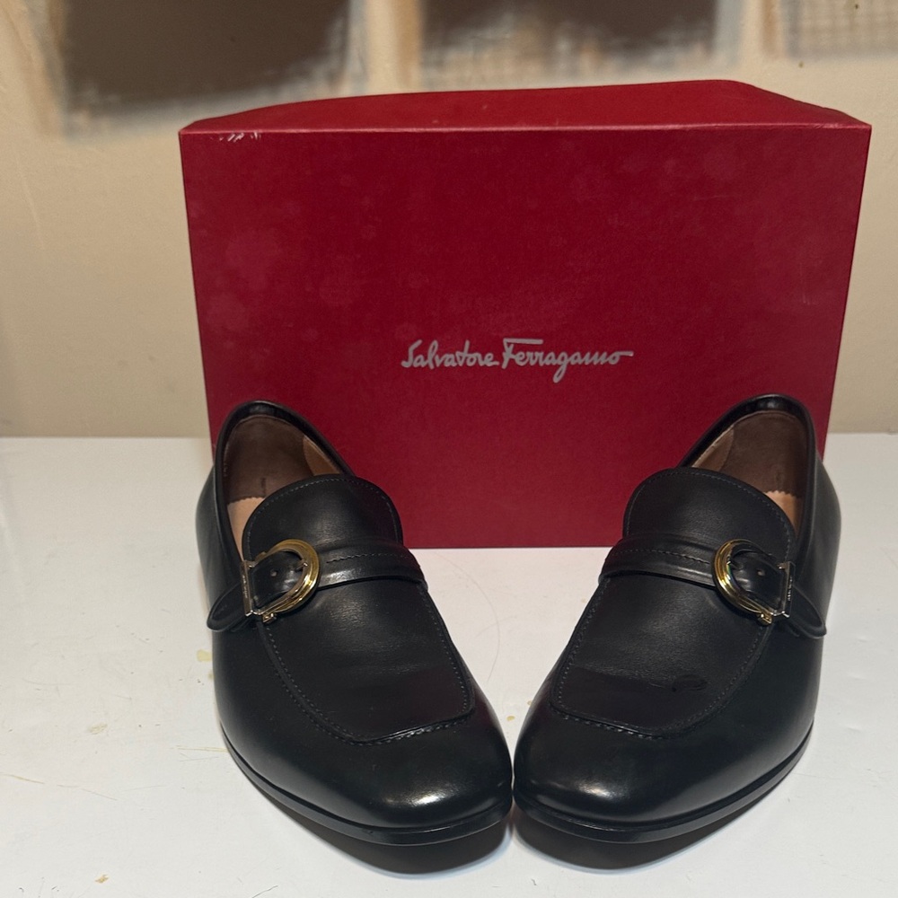 Salvatore Ferragamo Black Leather Slip-Ons with Gold Buckle